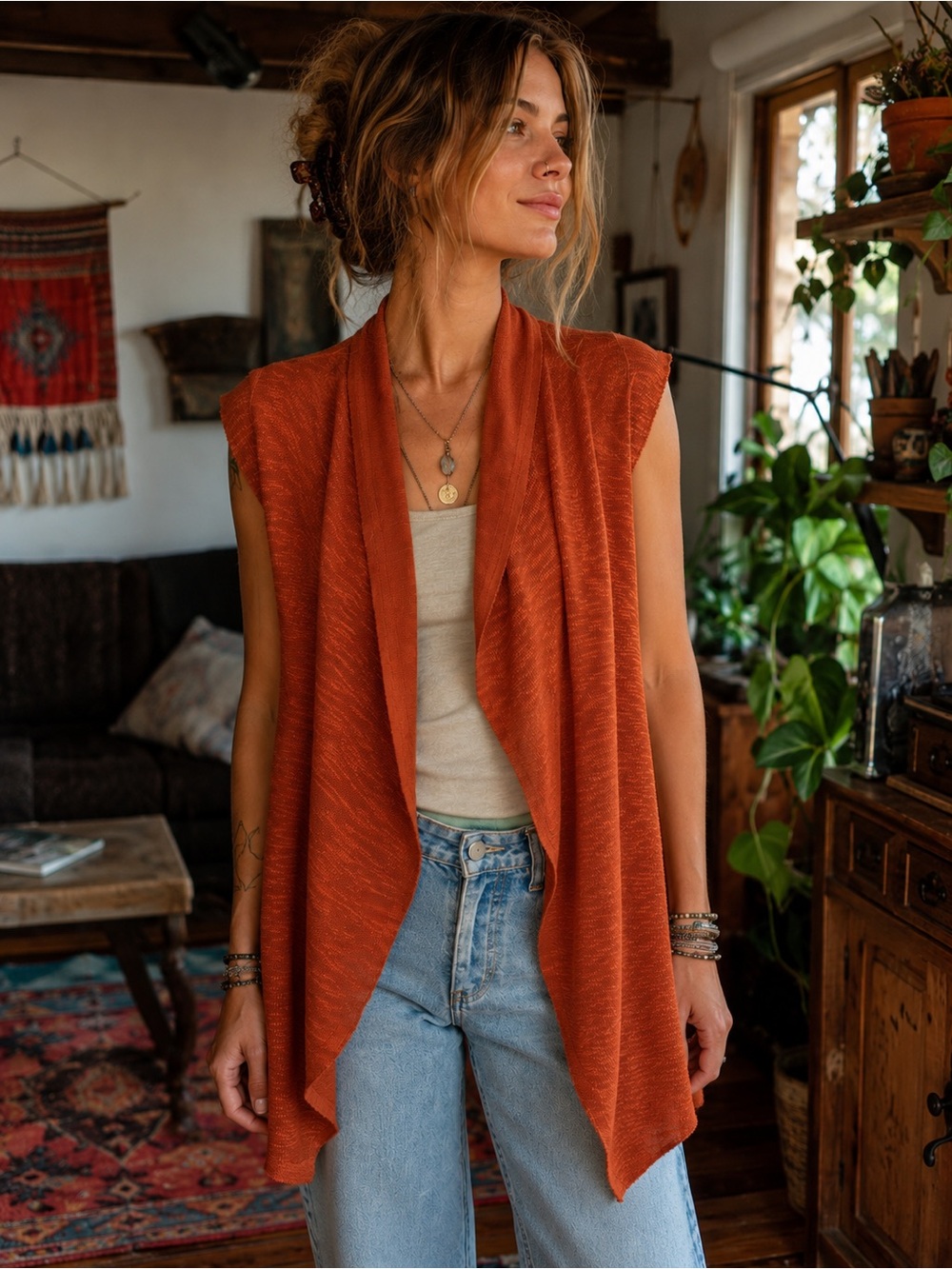 Matilda Jane Sleeveless Draped Vest in Rust